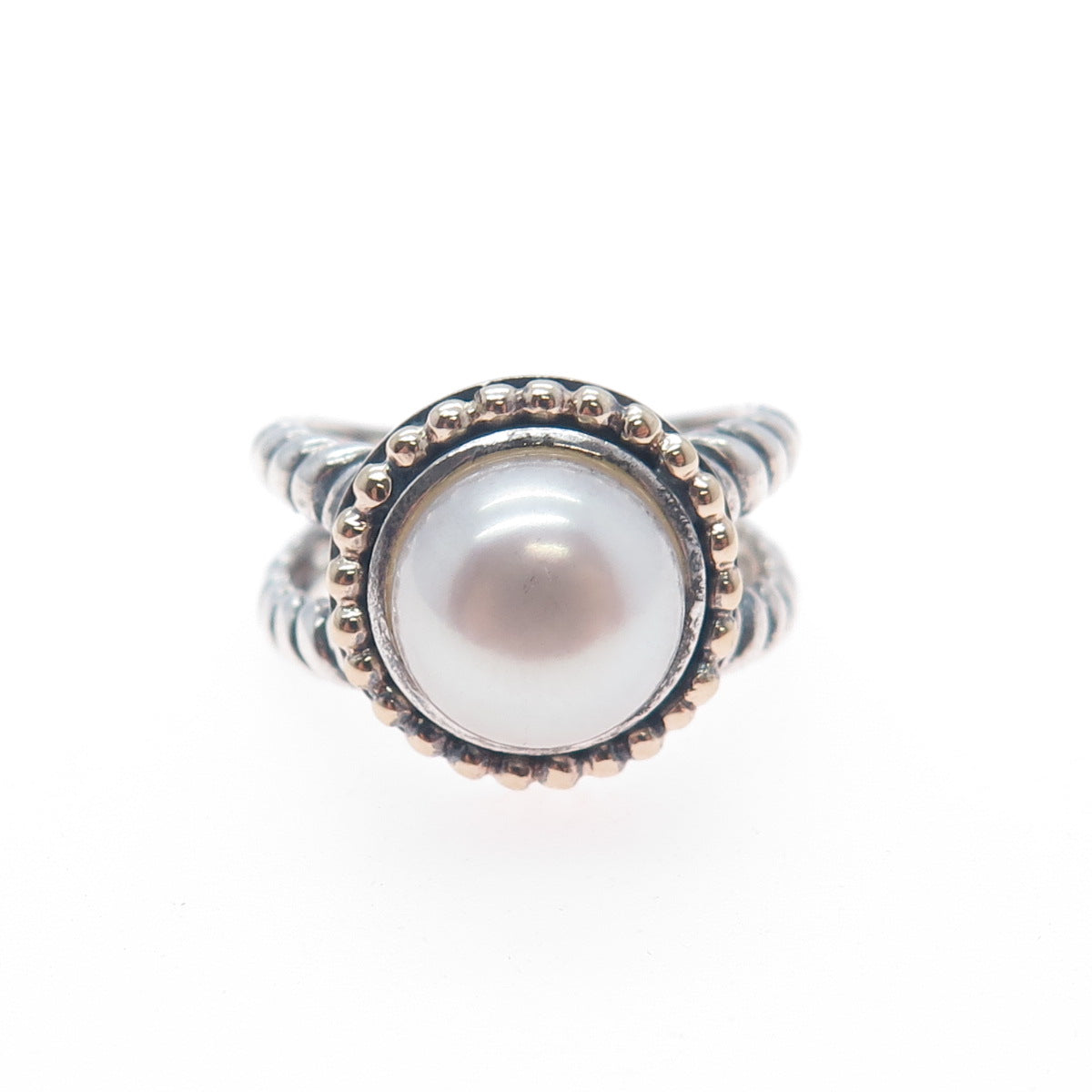 925 Sterling 14K Gold Vintage ATR Real Pearl Beaded Crisscross Ring Size 7.25