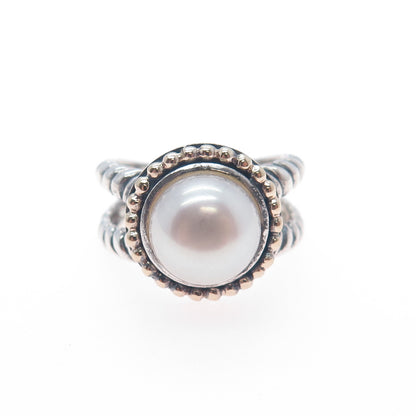925 Sterling 14K Gold Vintage ATR Real Pearl Beaded Crisscross Ring Size 7.25