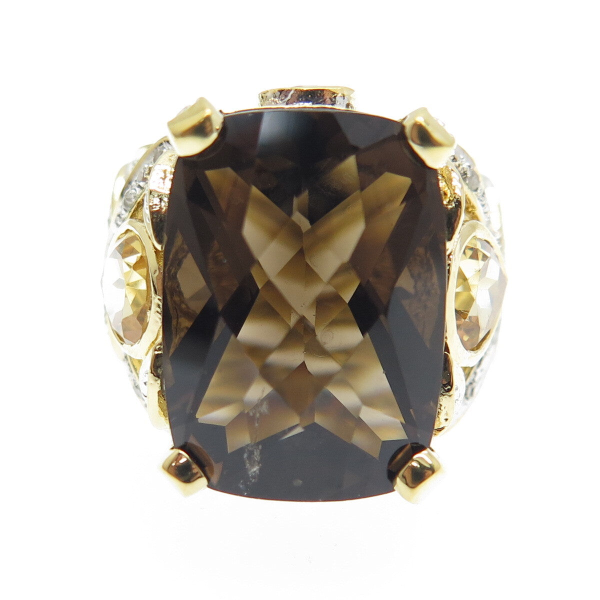 925 Sterling Silver Gold Plated Real Diamond Smoky Quartz & Citrine Ring Size 7