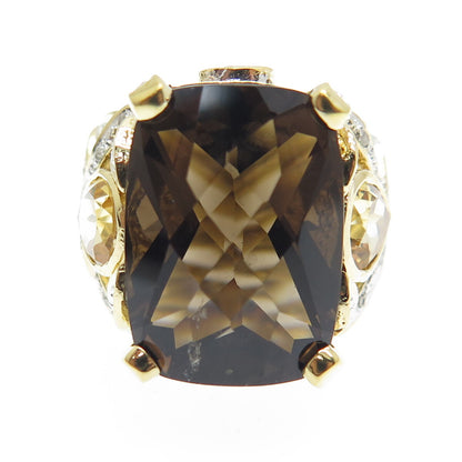 925 Sterling Silver Gold Plated Real Diamond Smoky Quartz & Citrine Ring Size 7