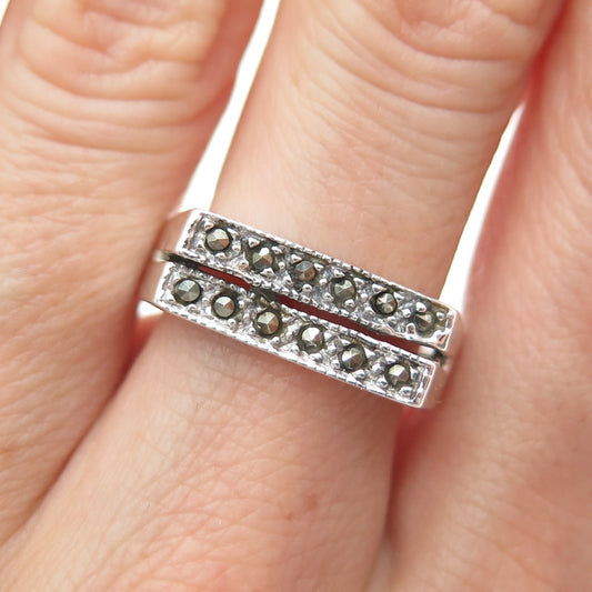 925 Sterling Silver Vintage Real Marcasite Double Bar Oxidized Ring Size 9