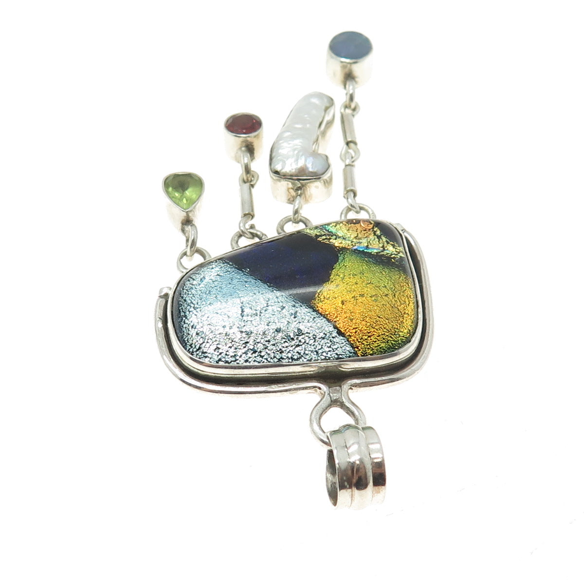 925 Sterling Vintage Dichroic Glass Pearl Garnet Peridot Opal Modernist Pendant