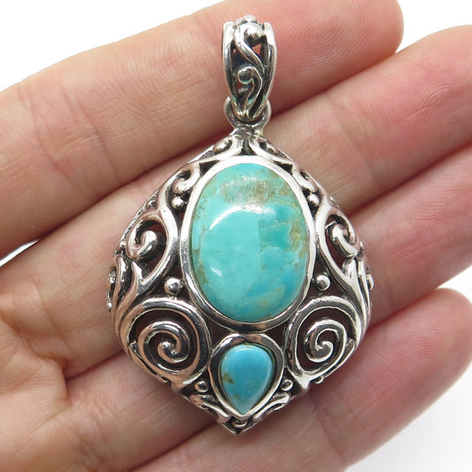 NK SILVER 925 Sterling Silver Vintage Real Turquoise Spiral Pendant