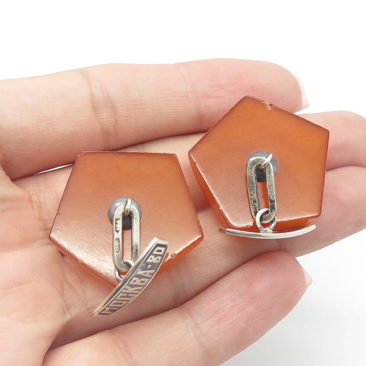 875 Silver Vintage Real Amber Moscow 1980 Olympic Games Cufflinks