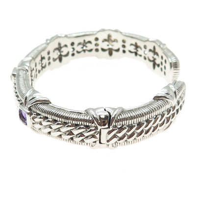 JUDITH RIPKA 925 Sterling Silver Amethyst Gem Boho Heavy Cuff Bracelet 7.5"