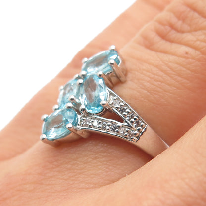 925 Sterling Silver Real Oval-Cut Blue & Round-Cut White Topaz Ring Size 6