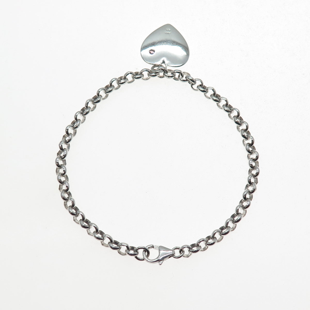 925 Sterling Silver Pink C Z Birthstone Sandy Heart Cable Link Bracelet 7.25"