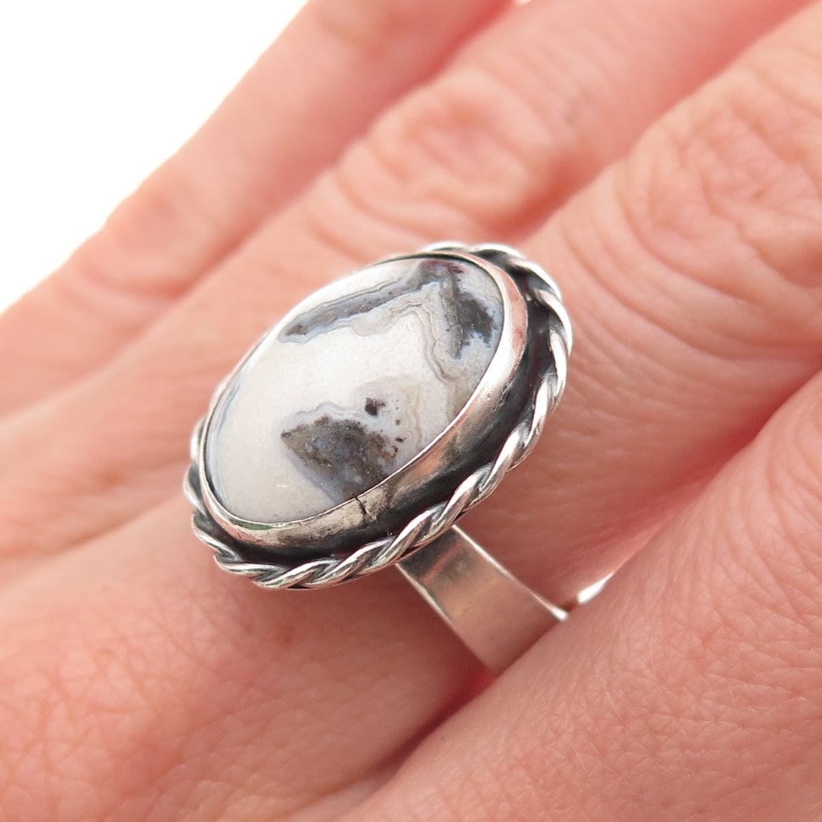 Paul Miller Sterling Silver Vintage Real Agate Modernist Oxidized Ring Size 7.25