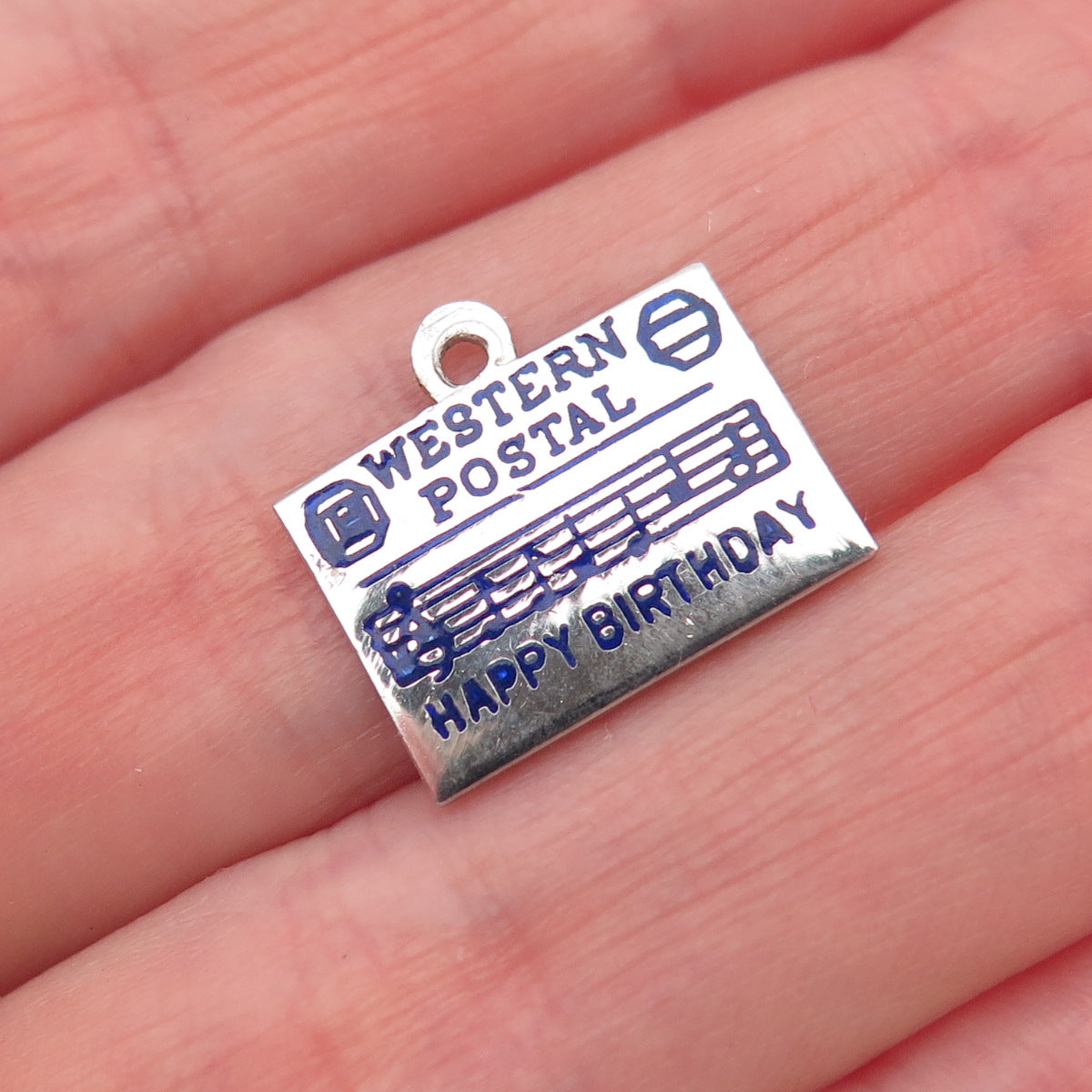 925 Sterling Vintage Enamel Western Postal Happy Birthday Card Mini Pendant