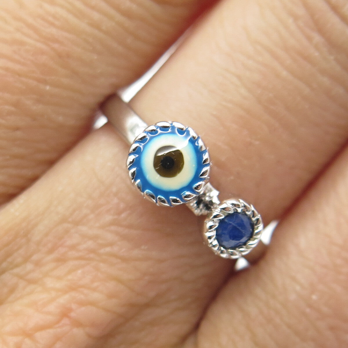 925 Sterling Silver Real Sapphire Gem & Colorful Enamel Evil Eye Ring Size 7.25