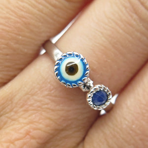 925 Sterling Silver Real Sapphire Gem & Colorful Enamel Evil Eye Ring Size 7.25