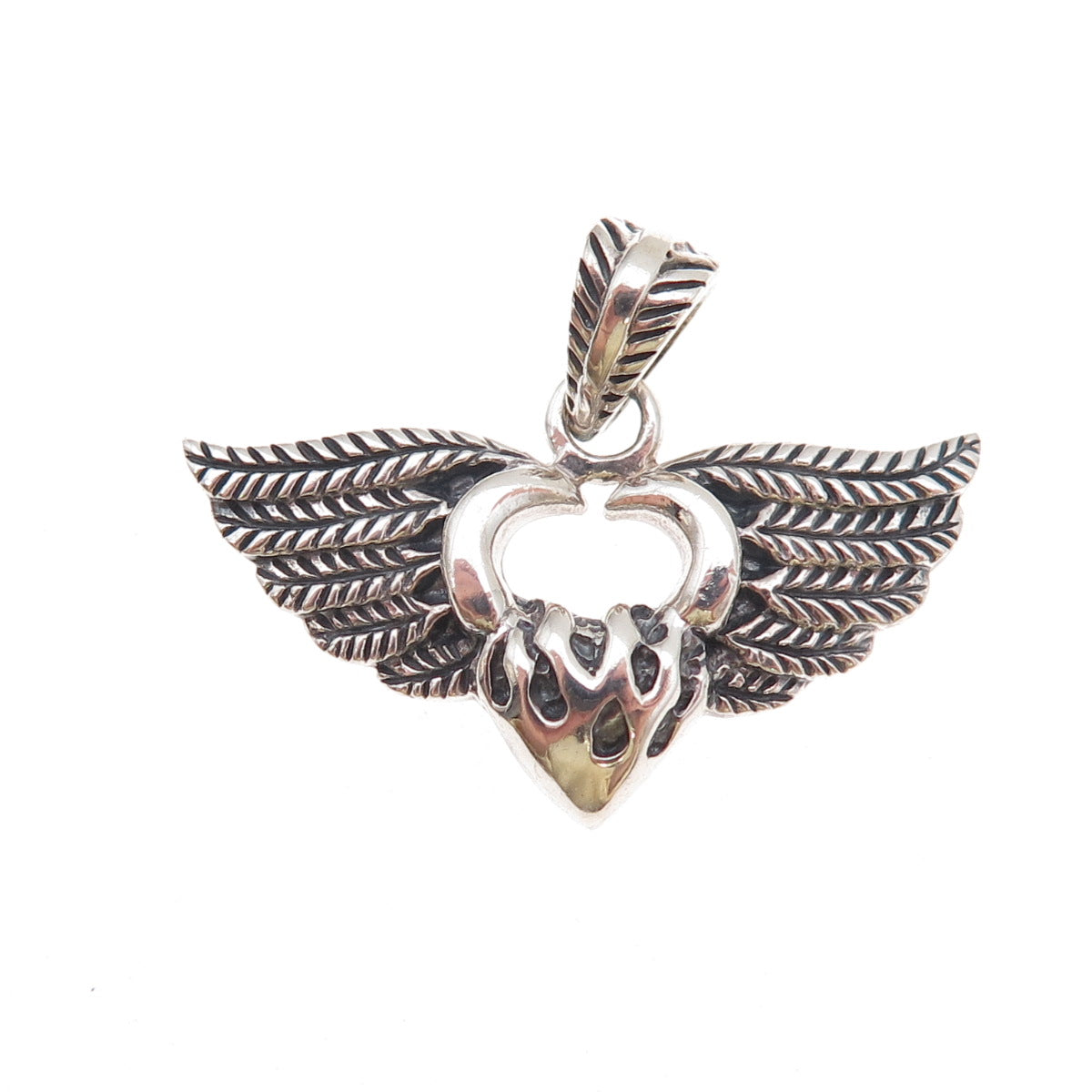 925 Sterling Silver Vintage Heart Angel Wings Oxidized Charm Pendant