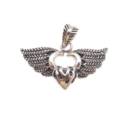 925 Sterling Silver Vintage Heart Angel Wings Oxidized Charm Pendant
