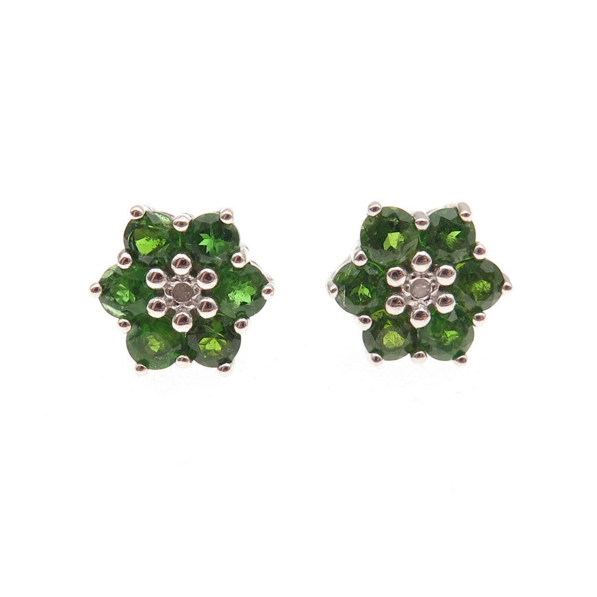 925 Sterling Silver Real Round-Cut Diamond & Peridot Floral Stud Earrings