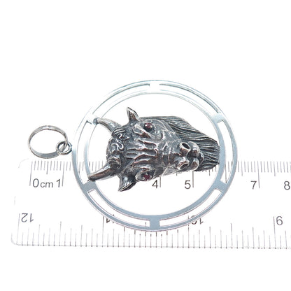 925 Sterling Silver Vintage Italy Real Ruby Taurus Zodiac Sign Oxidized Pendant