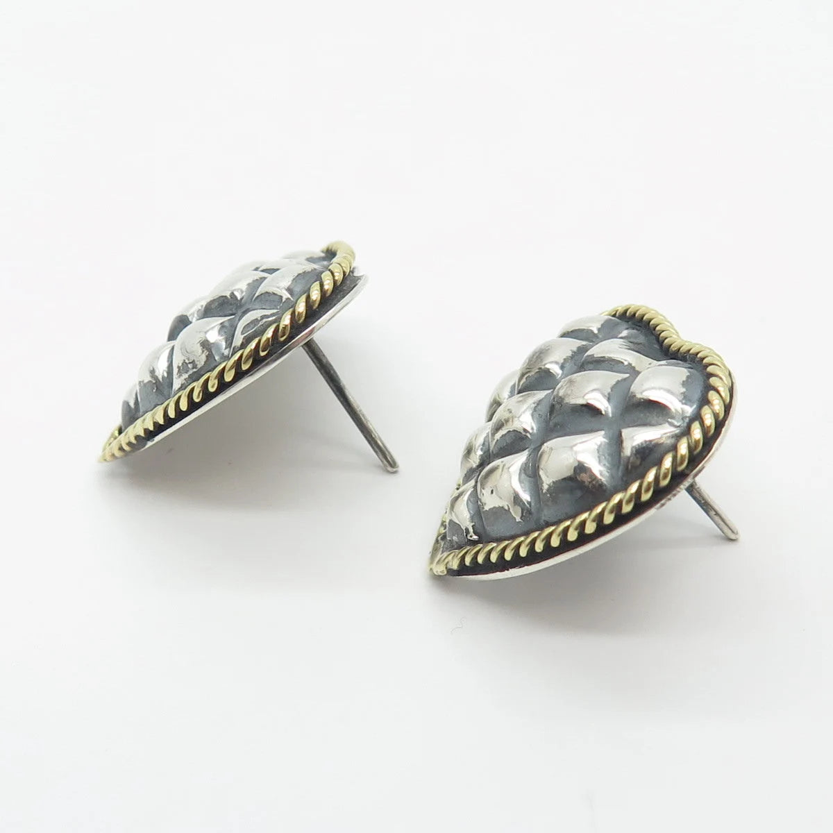 925 Sterling Silver 2-Tone Vintage Mexico Laton Heart Earrings