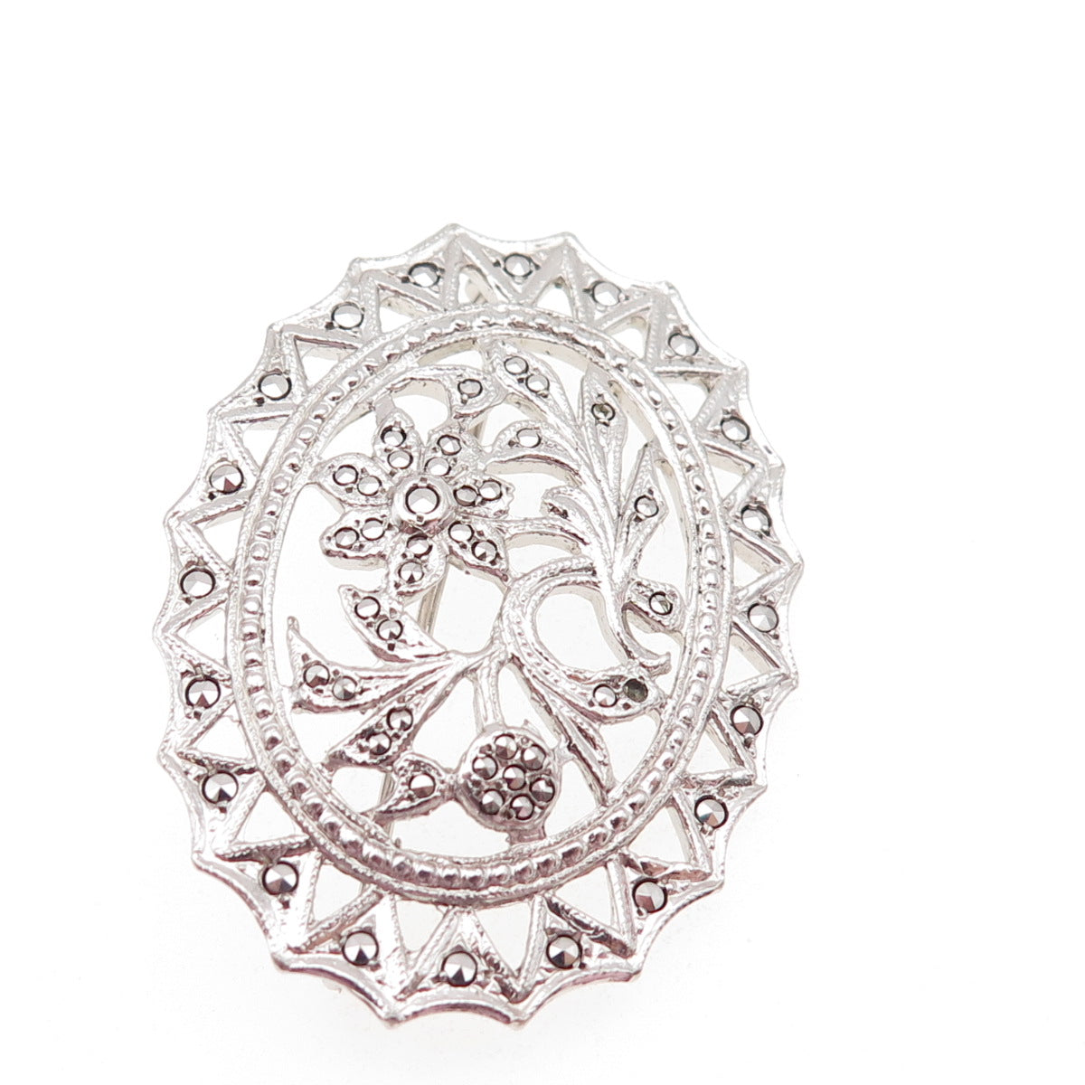 925 Sterling Silver Antique Art Deco Marcasite Flower Brooch (missing 1 stone)
