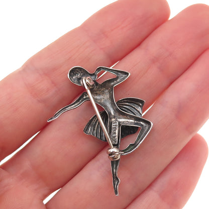 925 Sterling Silver Vintage Ballerina Repousse Oxidized Pin Brooch