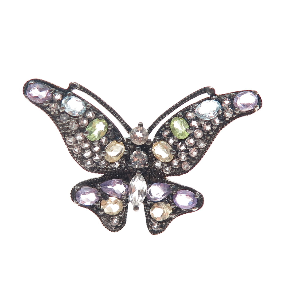 925 Sterling Silver Black Rhodium Real Multi-Color Gem Butterfly Ring Size 6.25