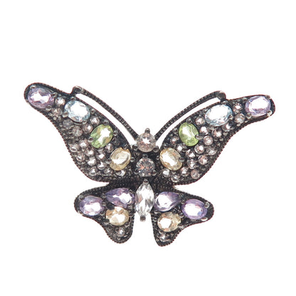 925 Sterling Silver Black Rhodium Real Multi-Color Gem Butterfly Ring Size 6.25