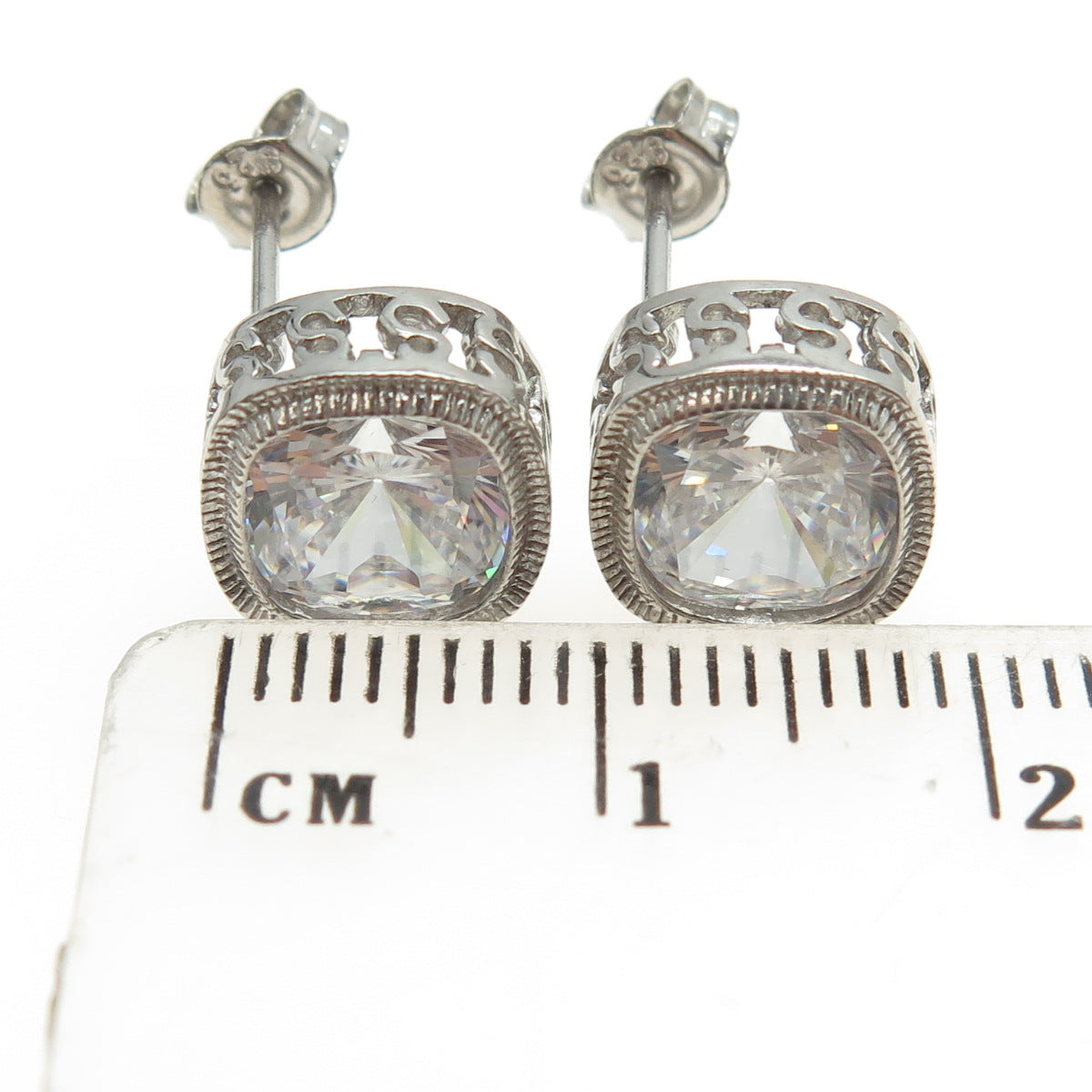 925 Sterling Silver Cushion-Cut C Z Stud Earrings