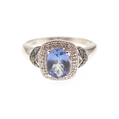 925 Sterling Silver Real Diamond & Tanzanite Ring Size 8