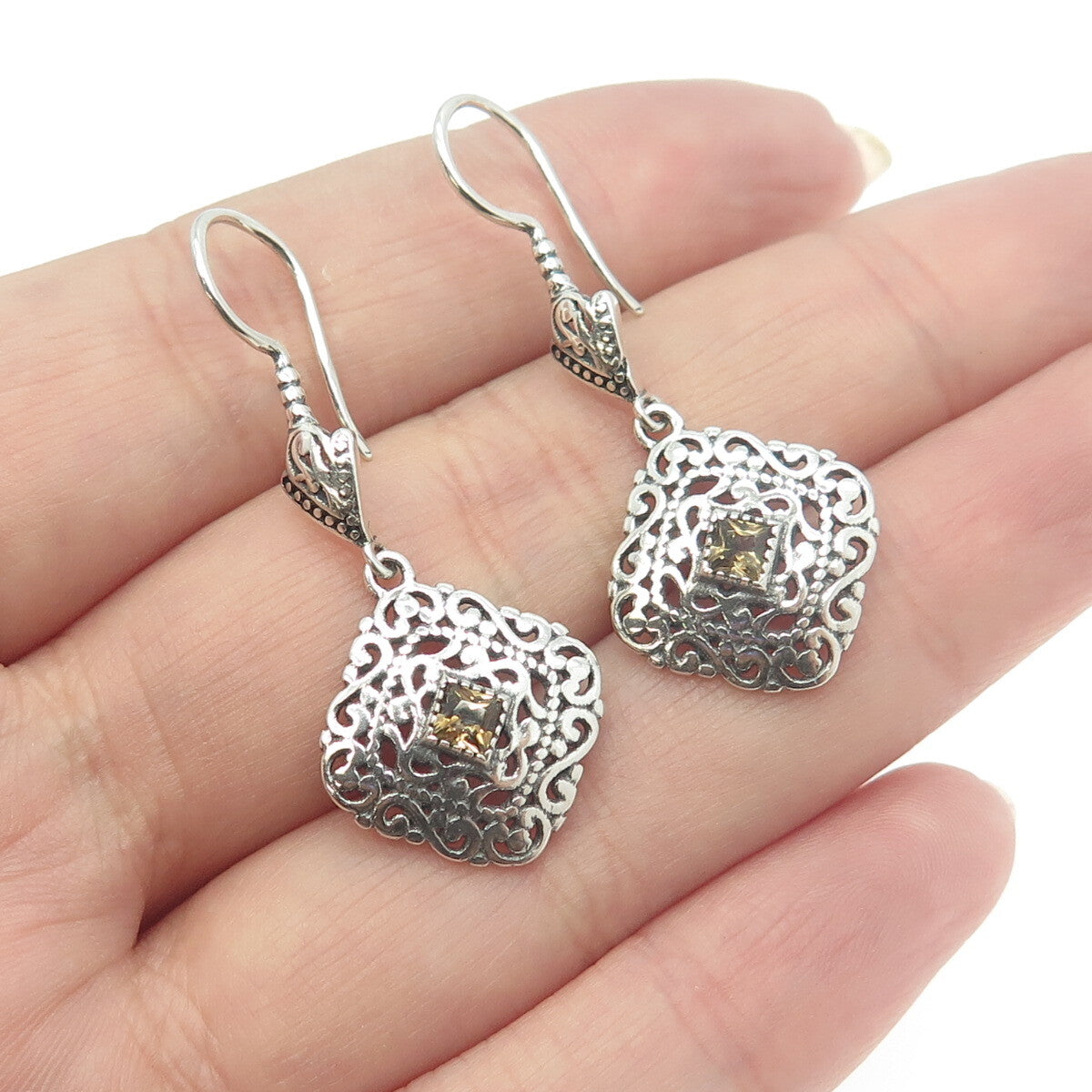 BERIA 925 Sterling Silver Princess-Cut Yellow Rhinestone Ornate Earrings