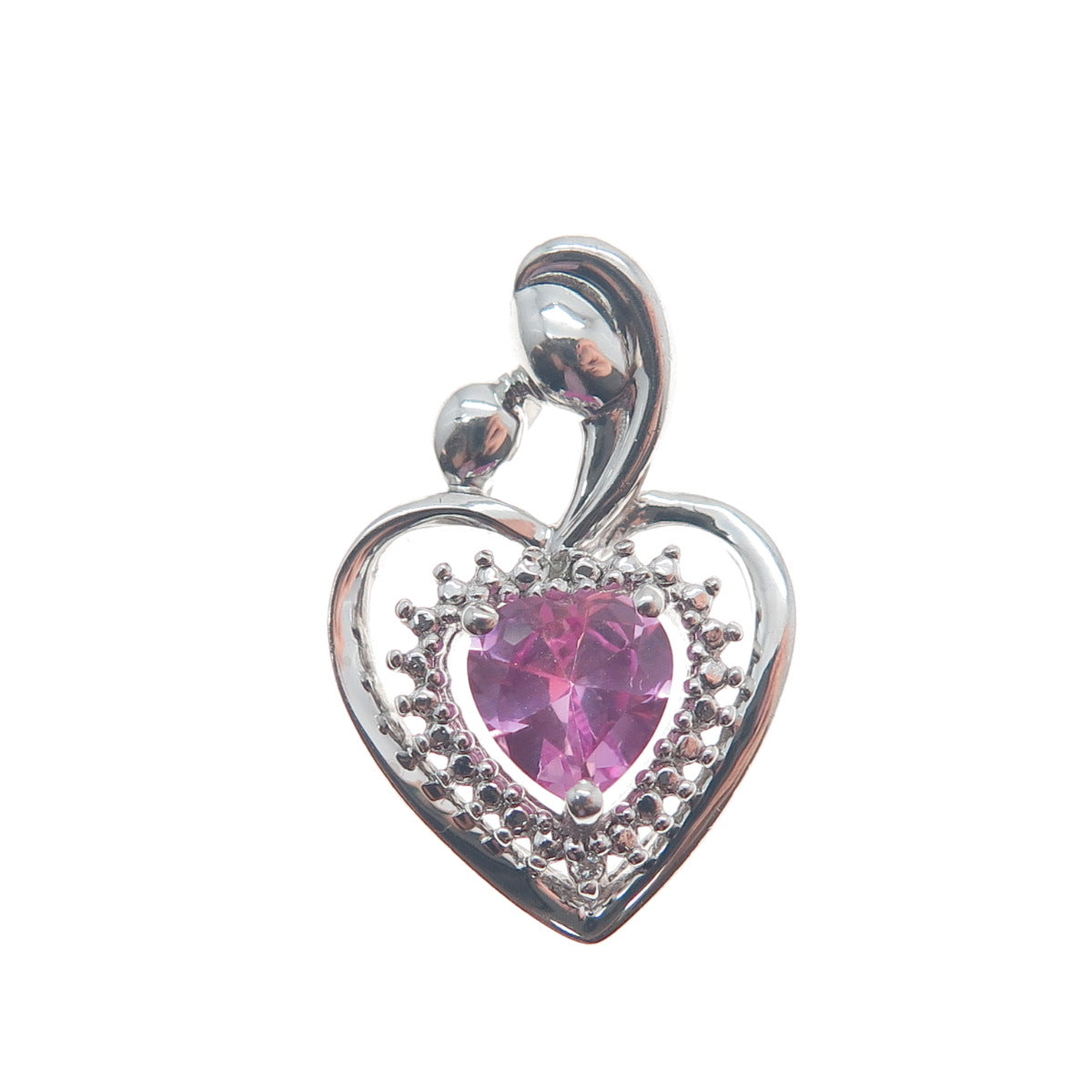 SUN 925 Sterling Silver Real Pink Sapphire Gemstone Heart Slide Pendant
