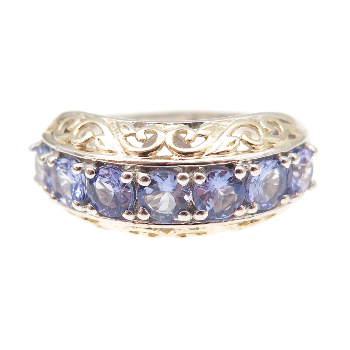 Chuck Clemency Sterling Silver 2-Tone Real Round-Cut Tanzanite Ring Size 8.25