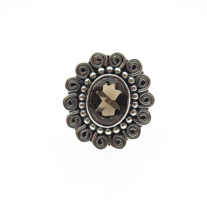 925 Sterling Silver Vintage Real Smoky Quartz Spiral Oxidized Ring Size 6.5