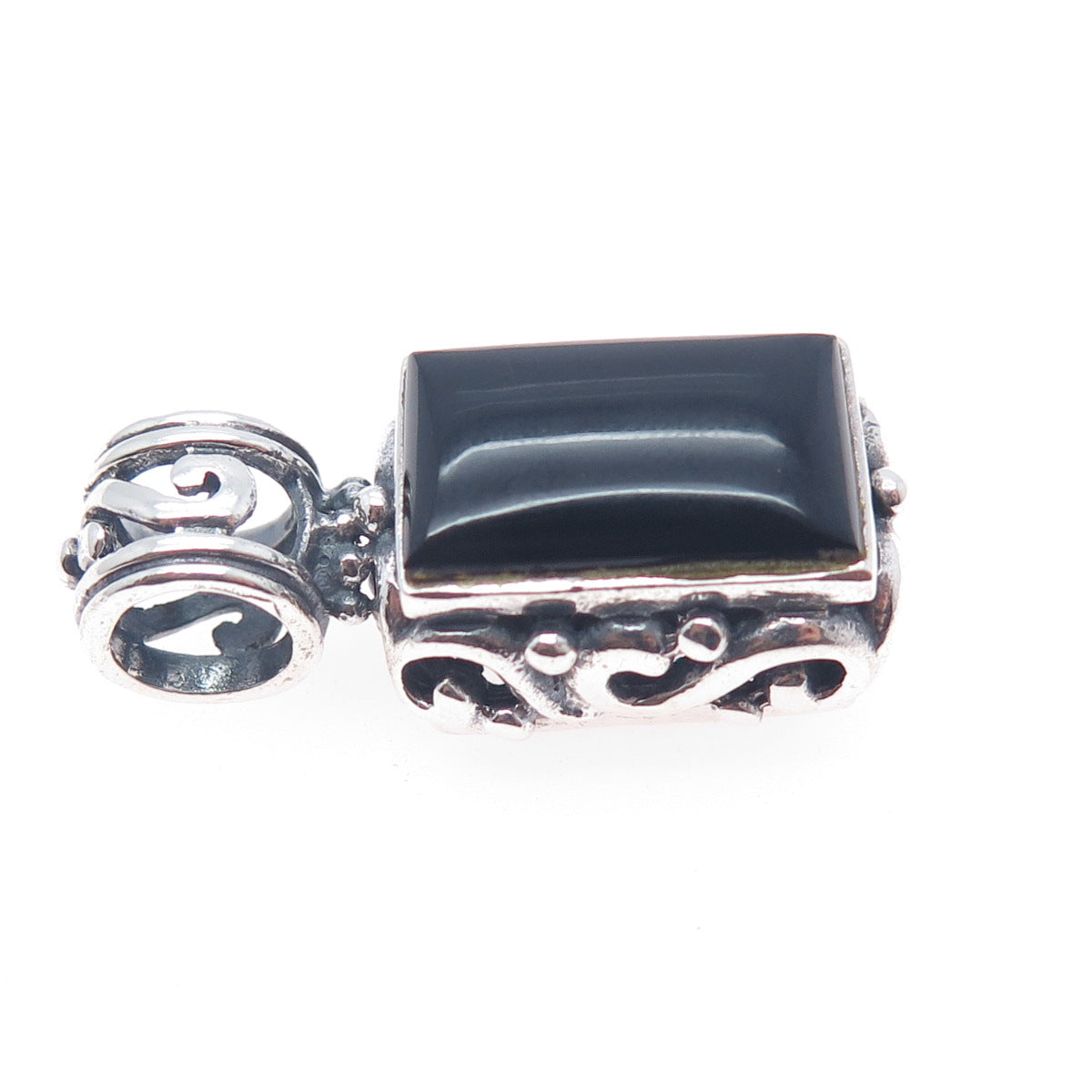 925 Sterling Silver Vintage Real Black Onyx Ornate Oxidized Charm Pendant