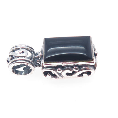 925 Sterling Silver Vintage Real Black Onyx Ornate Oxidized Charm Pendant