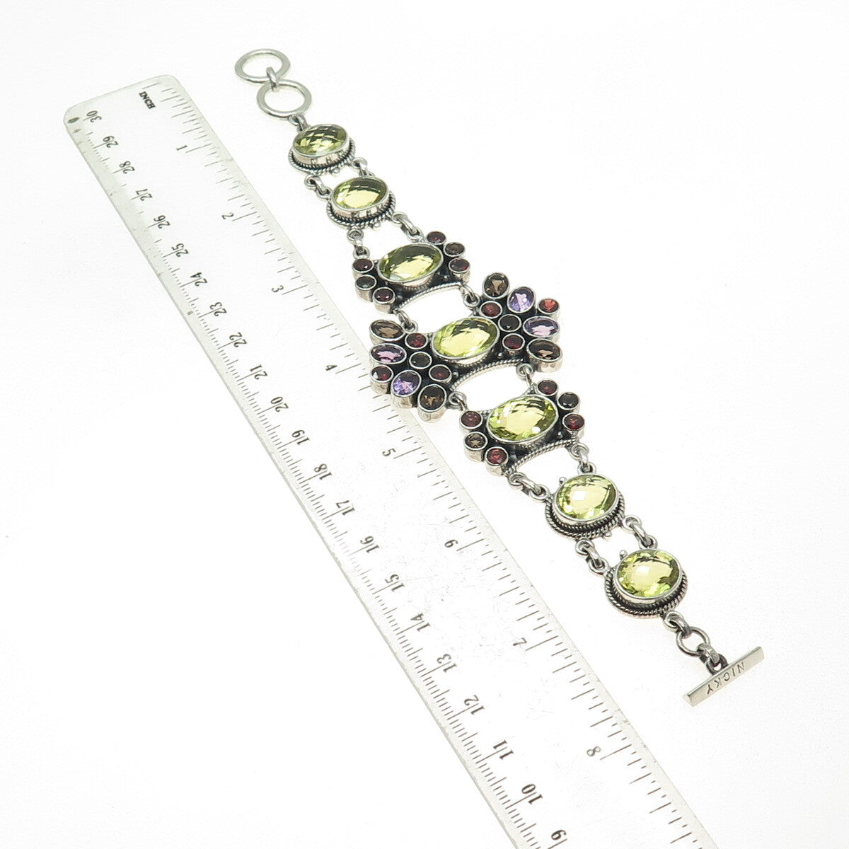 NICKY BUTLER 925 Sterling Vintage Amethyst Quartz Citrine & Garnet Bracelet 7.5"