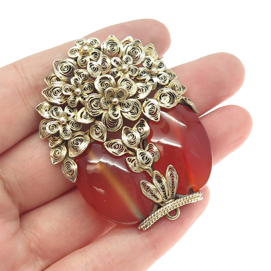 925 Sterling Silver Gold Plated Antique Art Deco Agate Filigree Floral Brooch