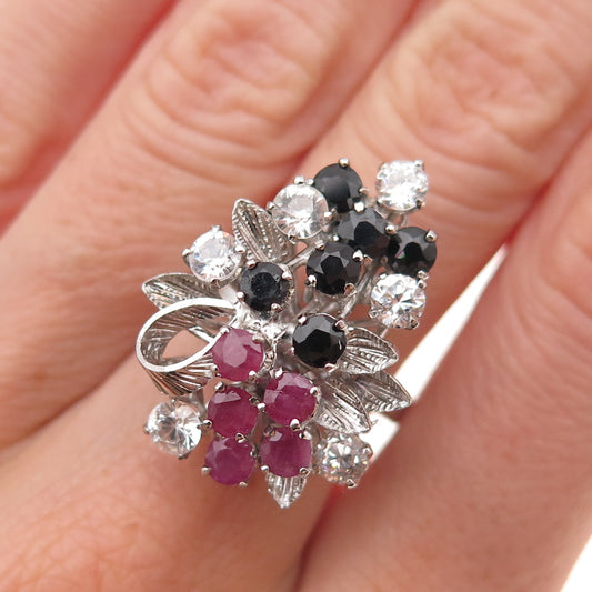 925 Sterling Silver Antique Art Deco Real Sapphire Ruby Rhinestone Ring Size 7.5