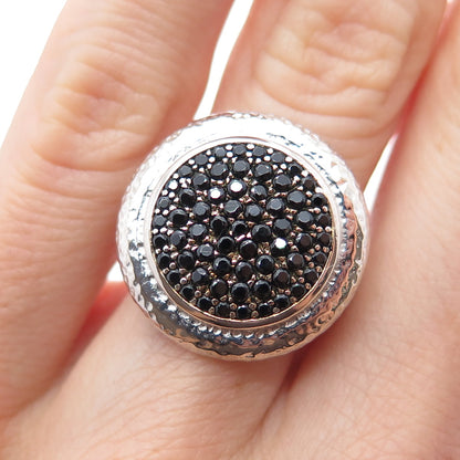 925 Sterling Silver Real Round-Cut Black Spinel Hammered Ring Size 6.25