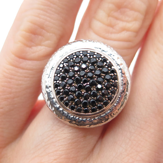 925 Sterling Silver Real Round-Cut Black Spinel Hammered Ring Size 6.25