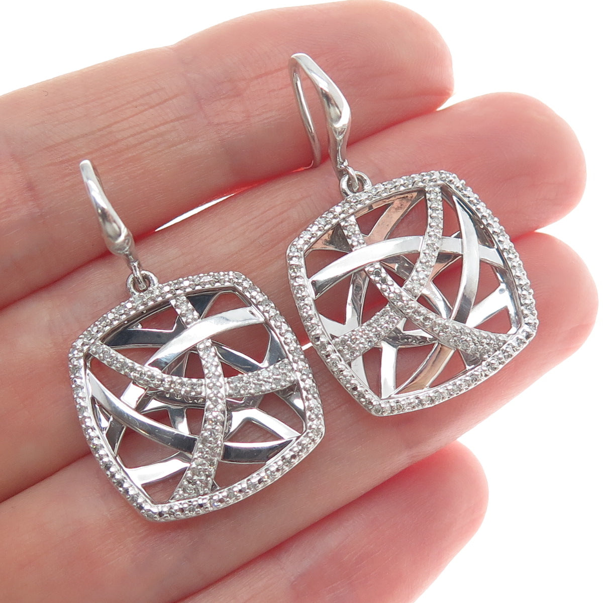 925 Sterling Silver Real Round-Cut Diamond Modernist Ornate Dangle Earrings