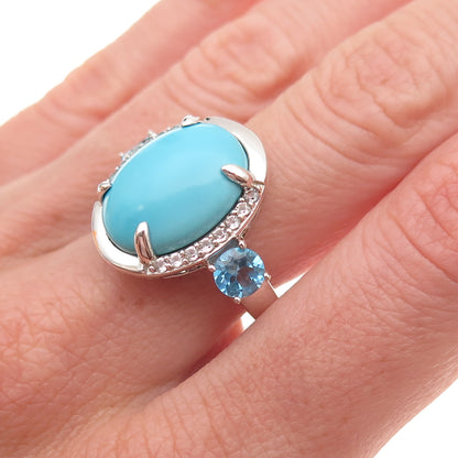 925 Sterling Real Sleeping Beauty Turquoise Blue & White Topaz Ring Size 8.25