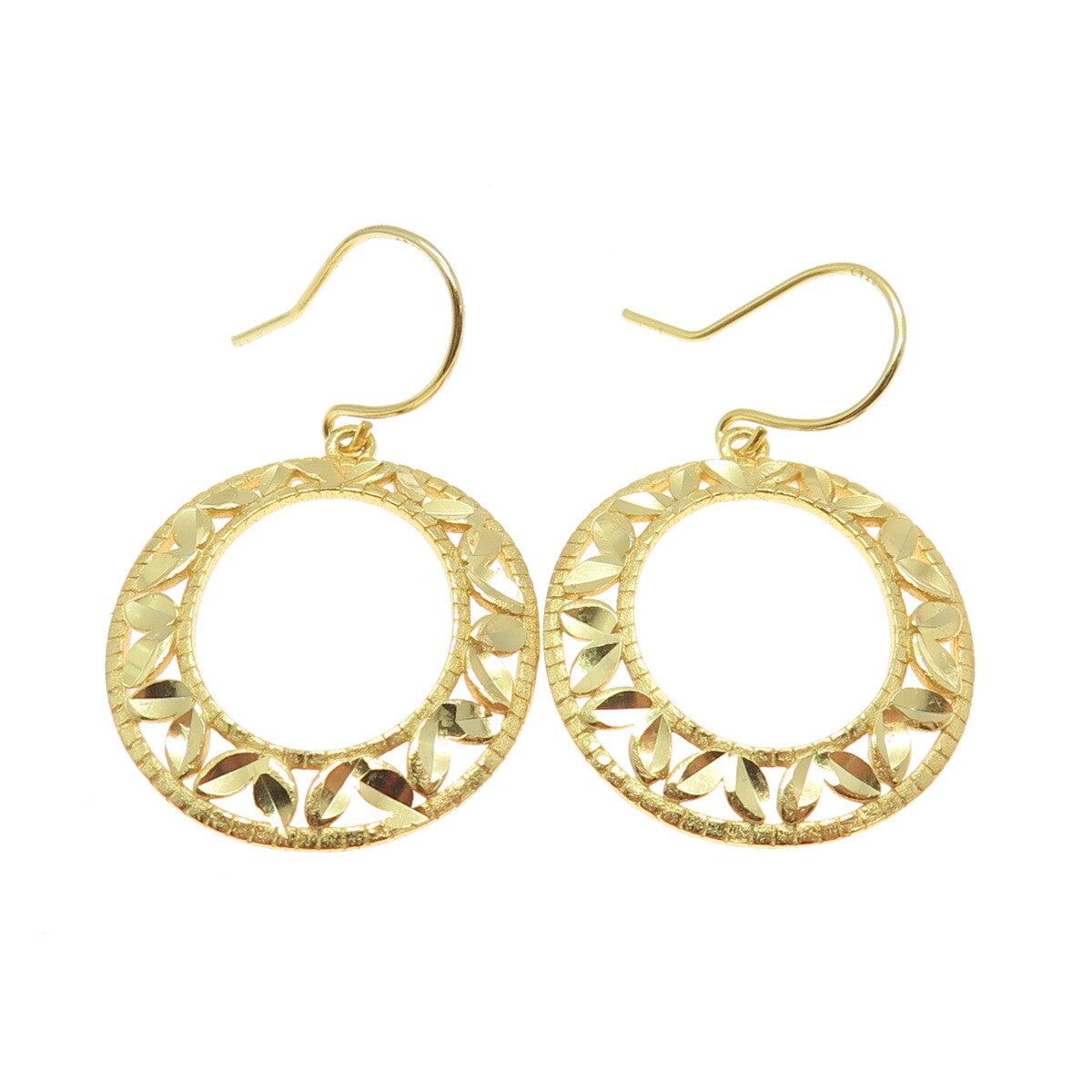 925 Sterling Silver Gold Plated Diamond-Cut Floral Leaf Dangle Earrings