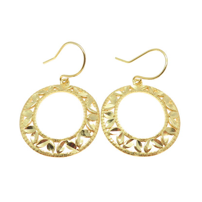 925 Sterling Silver Gold Plated Diamond-Cut Floral Leaf Dangle Earrings