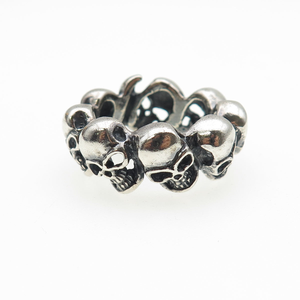 925 Sterling Silver Vintage Skull All Around Oxidized Biker Ring Size 10.25