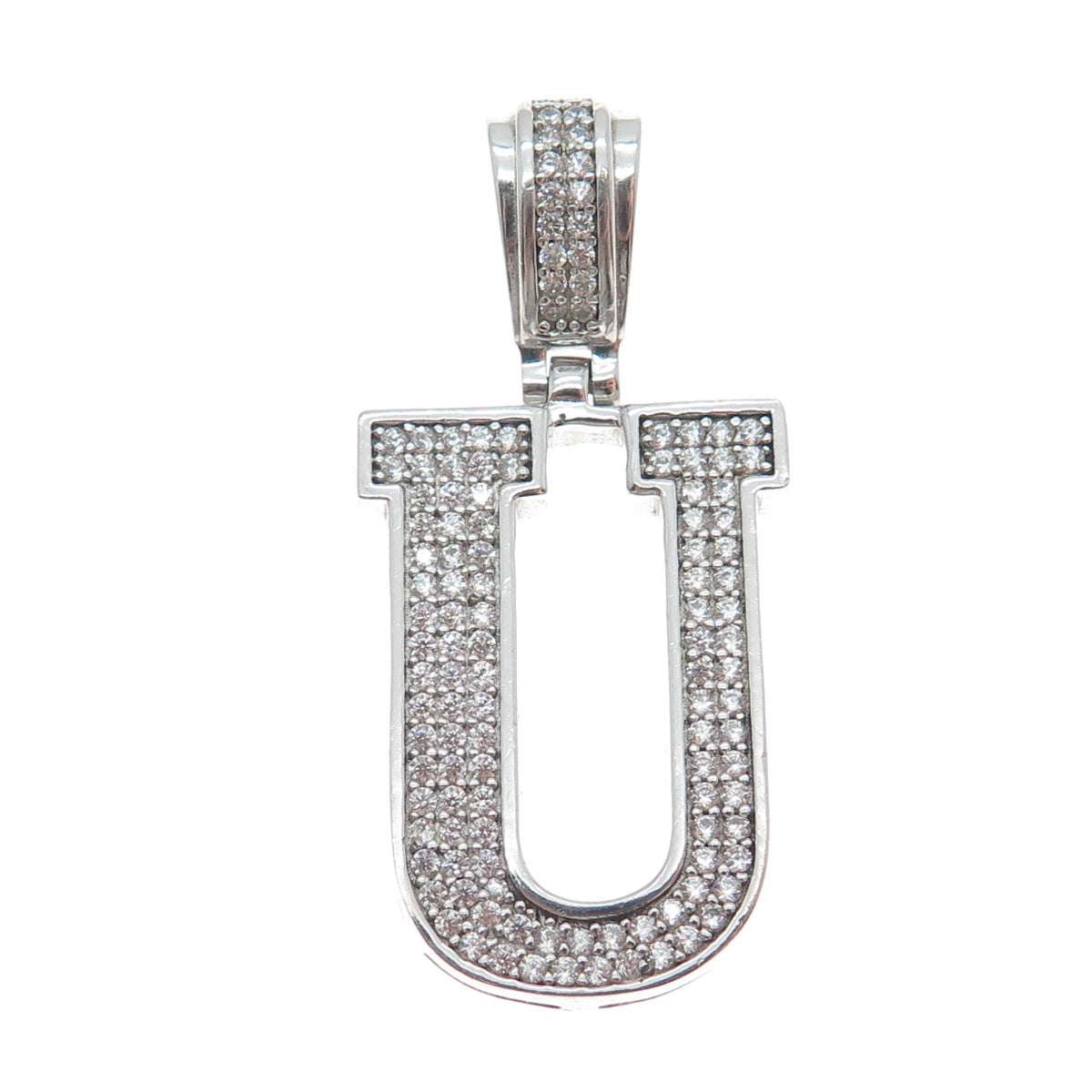 925 Sterling Silver Round-Cut Shaped C Z Letter U Initial Sparkle Pendant