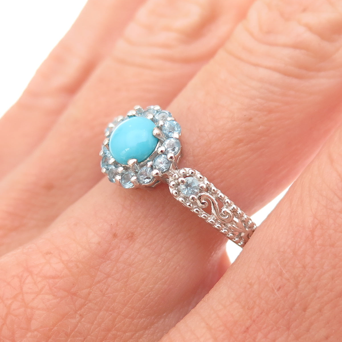 Chuck Clemency 925 Sterling Silver Real Turquoise & Blue Topaz Ring Size 8