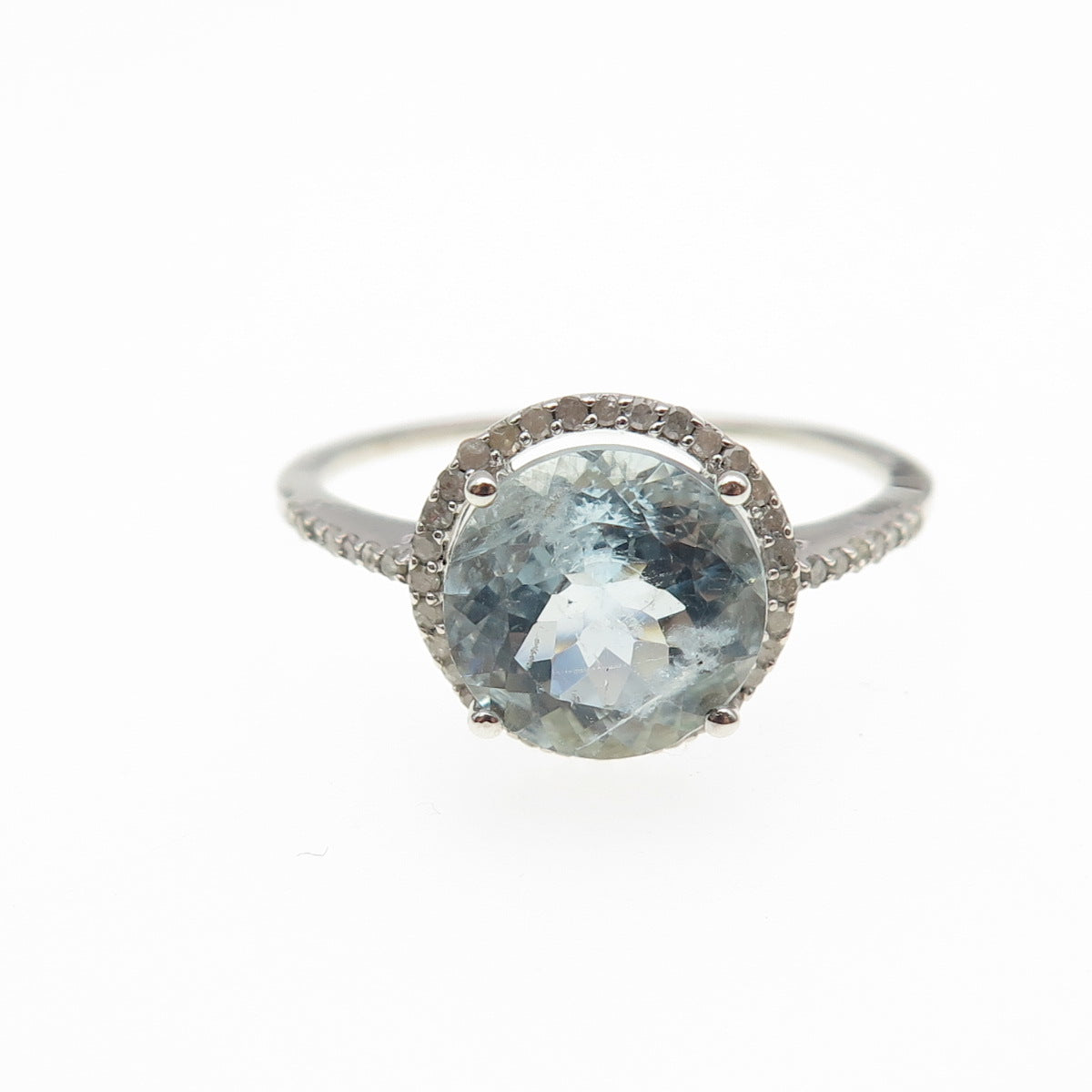 925 Sterling Silver Real Diamond Approx. 0.35ct & Aquamarine Gem Ring Size 12