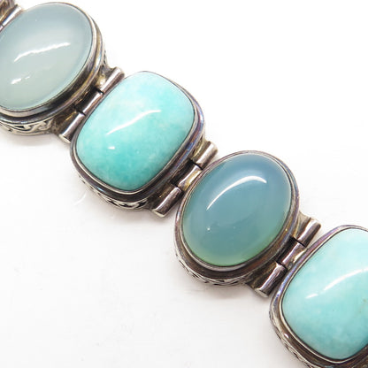 925 Sterling Silver Vintage Amazonite & Chalcedony Solid 102.5g Bracelet 6.5"
