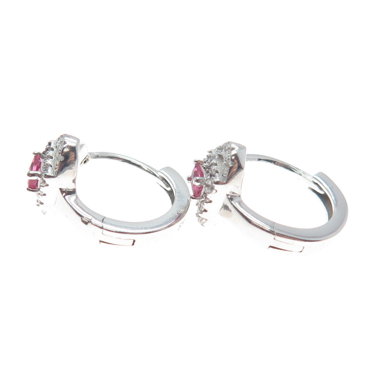 925 Sterling Silver Emerald-Cut Pink & Round-Cut White C Z Cloud Hoop Earrings