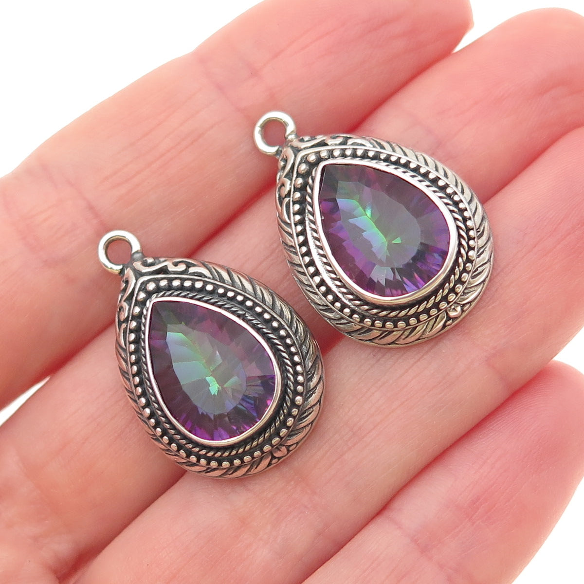 925 Sterling Silver Vintage Real Pear-Cut Mystic Topaz Teardrop Jacket Earrings