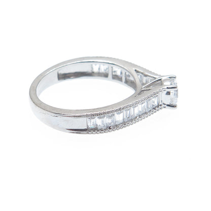 925 Sterling Silver Round & Emerald-Cut C Z Engagement Ring Size 6.75