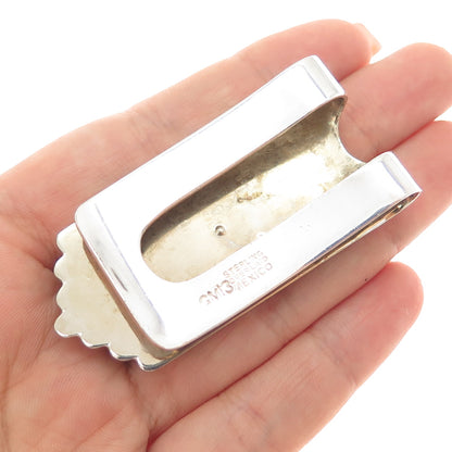 925 Sterling Silver Overlaid Vintage Mexico Blue Rhinestone Modernist Money Clip